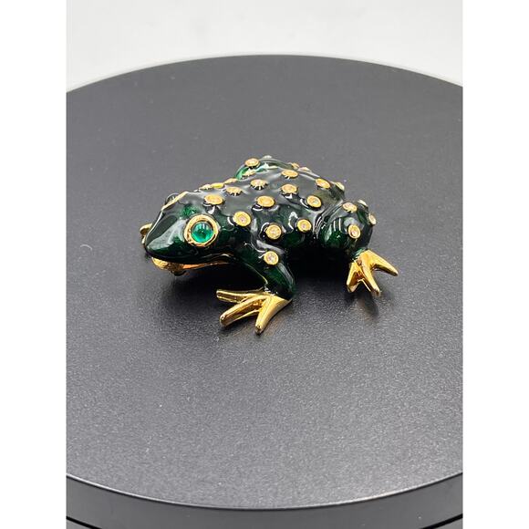 Ivana Trump Vintage Signed Green Enamel Rhinestone Eyes Gold Tone Brooch - Picture 2 of 8
